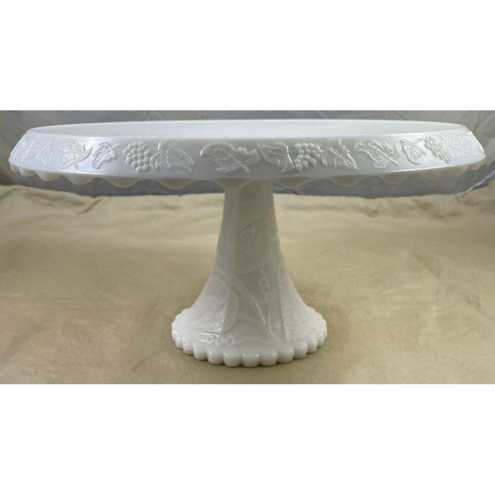 Milk Glass Pedestal Cake Stand Vintage L.E. Smith Grapes White 12 x 6"
